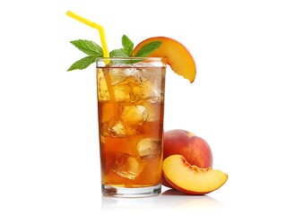 Peach iced tea with mint and straw isolated on white background