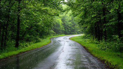 Obraz premium Rainy Road Through Lush Forest: A scenic winding road cuts through a vibrant green forest, glistening after a refreshing rain. The air is clean and the atmosphere serene.