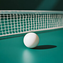 Table tennis ball positioned on green surface beside net highlights sport equipment and active play, emphasizing competition and fun