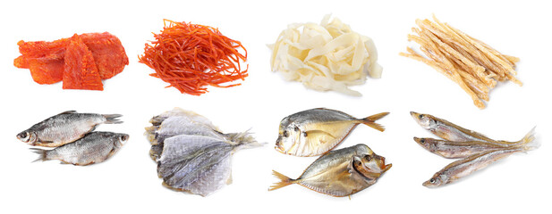 Different dried fish snacks isolated on white, set