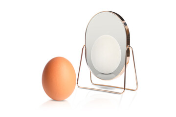 Brown egg reflecting in mirror as white, white background. Opposite, contrast, difference
