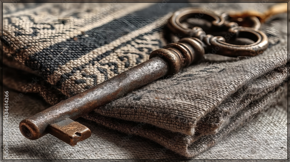 Poster vintage key on textured fabric with intricate weaving patterns