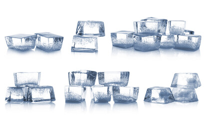 Clear ice cubes on white background, set