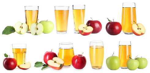 Tasty apple juice with fresh fruits on white background, collage