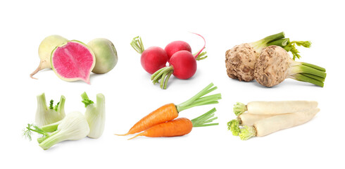 Different root vegetables isolated on white, set