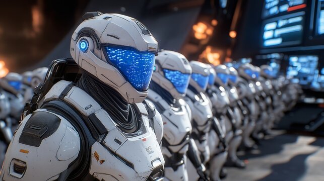 Three blue robots, which are categorized as Android and Sky-Fi, have a reputation for being humorous