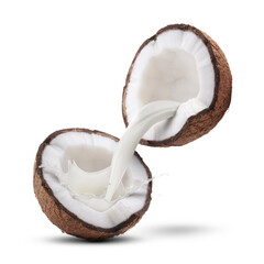 Halves of ripe coconut and splashing milk on white background