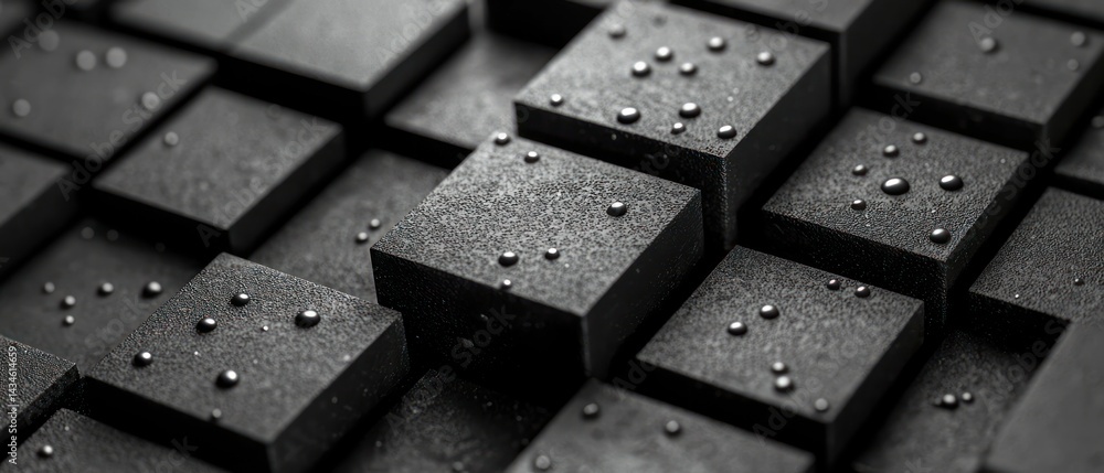 Poster abstract monochrome image of many small, dark-grey cubes with water droplets on their surfaces, arra