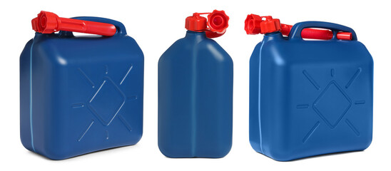 Blue plastic canister with spout isolated on white, collage. View from different sides