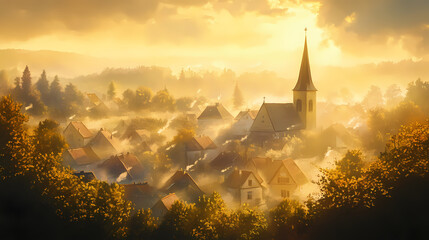 Fototapeta premium Village veiled in morning fog, the church spire a beacon amidst the soft golden light. spire. illustration. Veiled Spire. Illustration
