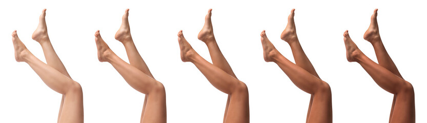 Women showing legs with smooth skin after epilation procedure on white background, closeup. Collage...