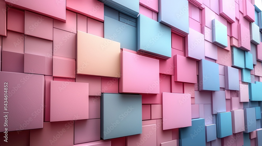 Poster abstract pastel-colored rectangular blocks form a textured, three-dimensional wall