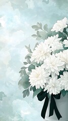Elegant White Chrysanthemum Flower Bouquet with Black Ribbon on Soft Watercolor Background – Realistic Floral Illustration for Sympathy, Funeral, Memorial, and Tribute Design Projects.