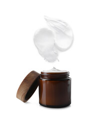 Cream samples and jar isolated on white, collage. Skin care product