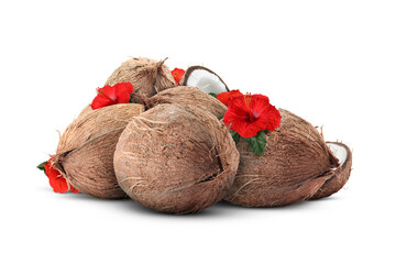 Many coconuts and red hibiscus flowers isolated on white