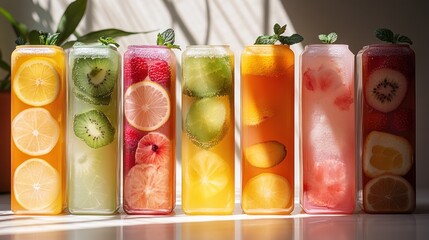 Several cans filled with colorful fruit infused water stand in bright sunlight.