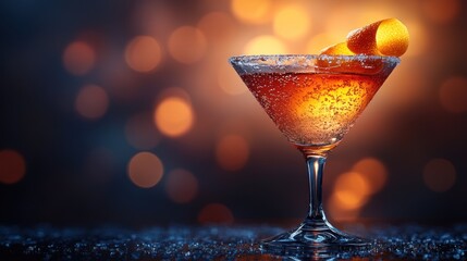 Cocktail in a glass with orange peel garnish against a blurred background.
