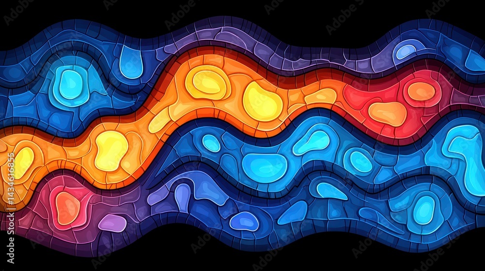 Poster abstract wavy pattern with vibrant, multicolored, mosaic-like design. fluid shapes interlock in a se