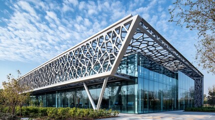 Fototapeta premium Contemporary Office Building With Metal Beams Geometric Design Patterns Transparent Glass Walls and Abstract Curved Roof