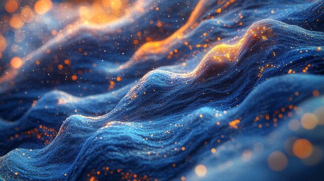 A captivating visual display emerges, featuring an intricate blend of golden and blue bokeh lights with smoky effects, resulting in a heavenly and surreal cosmic landscape that stirs curiosity and