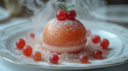Spherical dessert topped with cherries and mint surrounded by smoke on a plate.