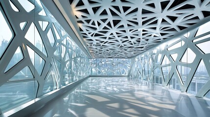 Contemporary Office Design With Steel Frame Geometric Glass Windows and Abstract Patterns the Ceiling