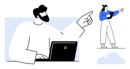 Large figure with laptop pointing forward while smaller figure holds tablet and gestures direction. Ideal for teamwork, strategy, leadership, communication, guidance, decision-making, simple landing