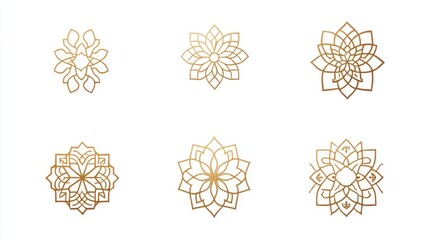 Set of six golden geometric floral patterns isolated on white for logo design