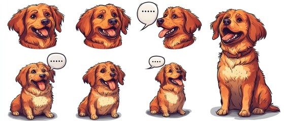 Adorable cartoon golden retrievers in various poses and sizes, some with speech bubbles