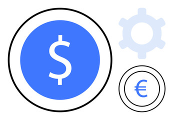 Obraz premium Dollar and Euro symbols in bold circles represent money and trade. A gear highlights operations, system mechanisms, and economics. Ideal for finance, trade, economy, business tools, currency