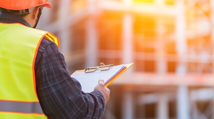 Construction Worker with Clipboard at Site