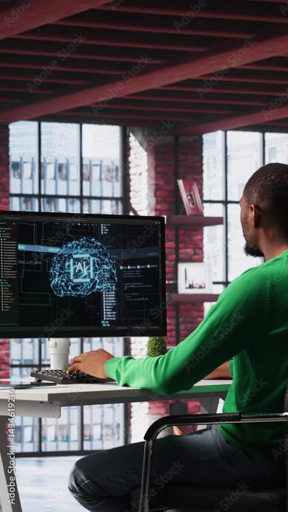Poster Vertical Video African american technician writes code on AI brain neural network for machine learning, doing maintenance and debugging the software systems. IT expert uses programming language