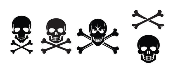 Skull and Crossbones Icon Set of Black Silhouette Danger Symbols in Minimalist Style