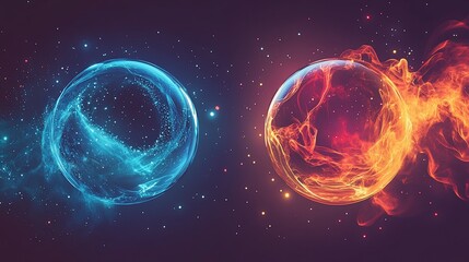 Naklejka premium Cosmic spheres of ice and fire in space
