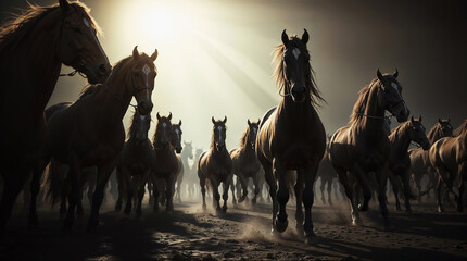 Obraz premium Majestic herd of galloping horses in morning light on dusty plain