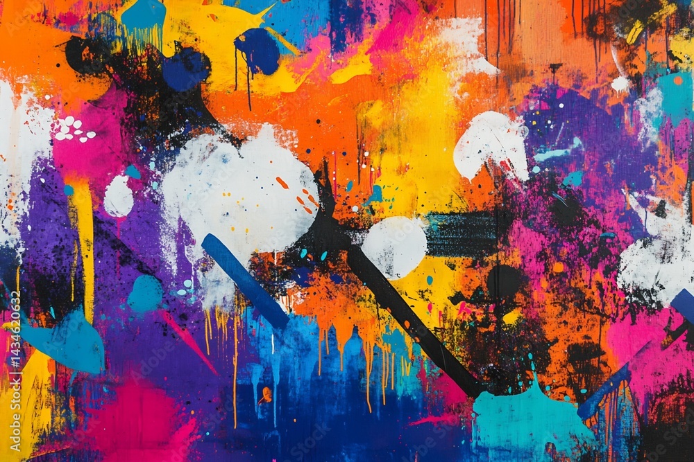 Poster abstract painting with multicolored splashes and drips