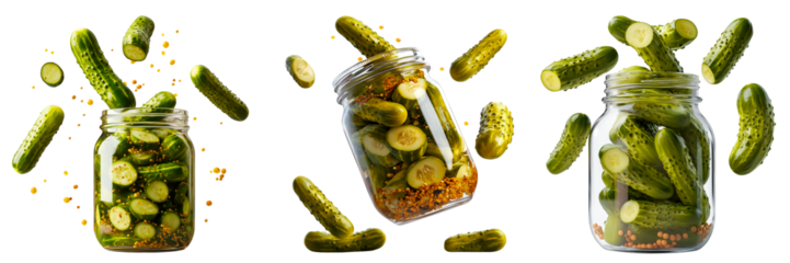 Set of three glass jars with pickled cucumbers isolated on a transparent background. Flying and tilted jars filled with whole and sliced pickles, herbs, and spices for food design