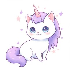 Cute White Kitten with Unicorn Horn and Pastel Mane