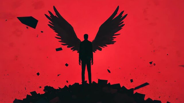 Dark, twisted demon with shredded wings and a chilling gaze, set against a vibrant, apocalyptic backdrop.