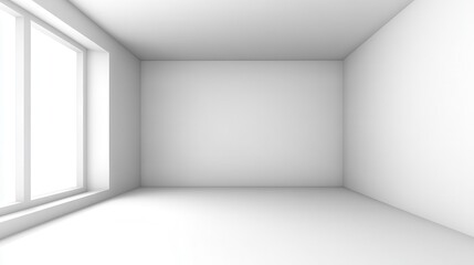 Empty, white room with a large window.