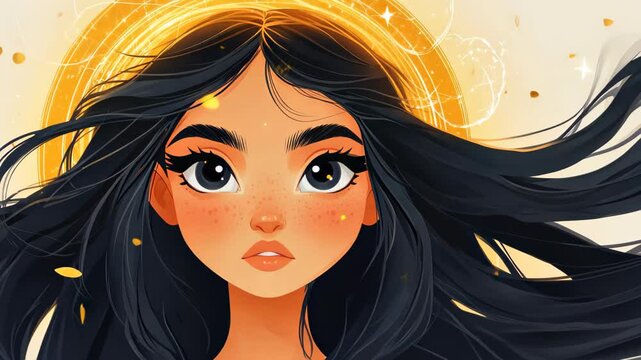 A mystical queen adorned with a golden crown and a glowing ring, her long hair dances in the wind, captivating all.