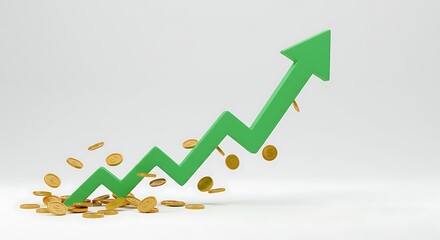 A green arrow pointing upwards with gold coins scattered around it on a white background studio shot