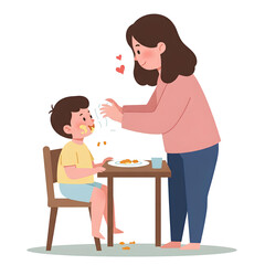Loving Mother Cleaning Messy Child After Mealtime Cute Family Illustration