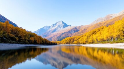 A serene mountain lake reflecting vibrant autumn foliage and majestic snow-capped peaks, clear blue sky, and tranquil nature scene with colorful landscape.