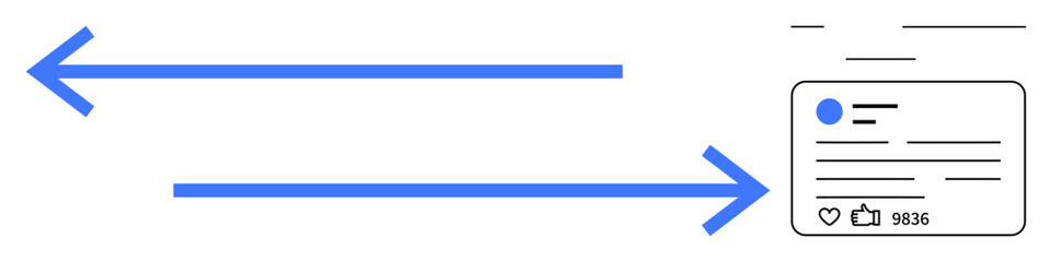 Obraz premium Horizontal blue arrows connecting to a social media post frame with thumbs ups, comments, and text. Ideal for digital communication, social media engagement, online sharing, data tracking, marketing