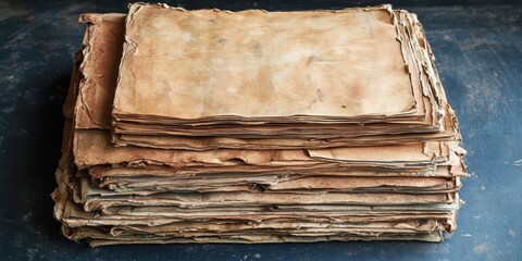 Stacked antique books with aged, brittle pages.
