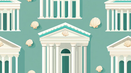 Fototapeta premium Ancient Architecture Columns: A Classical Greek and Roman Design Illustration Featuring Turquoise and Sea Shell Patterns