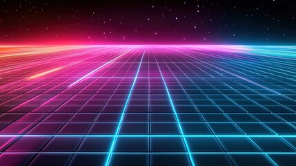 Futuristic grid network with vibrant neon lines against a star-studded night sky