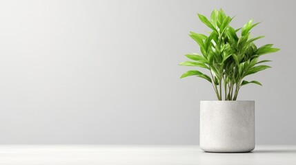 Fototapeta premium A lush green plant in a white ceramic pot sitting on a minimalist white surface, neutral background, indoor decor concept, and simple and elegant composition.