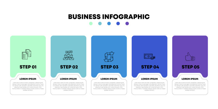 Timeline infographic with infochart. Modern presentation template with 5 spets for business process. Website template on white background for concept modern design. Vector Eps